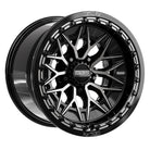 Angled view of the premium Metal FX Alpha R Beadlock 15x10 UTV and SXS wheel in gloss black ddt finish with 0-offset and 5x4.5 bolt pattern for select Polaris, Segway, and Kawasaki H2 models, offered with fast and free shipping, Item # 78771.