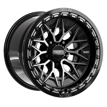 Angled view of the premium Metal FX Alpha R Beadlock 15x10 UTV and SXS wheel in gloss black ddt finish with 0-offset and 5x4.5 bolt pattern for select Polaris, Segway, and Kawasaki H2 models, offered with fast and free shipping, Item # 78771.