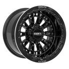 Angled view of the premium Metal FX Slayer R Beadlock 15x10 UTV and SXS wheel in gloss black finish with 0-offset 5+5 and 5x4.5 bolt pattern for select Polaris, Segway, and Kawasaki H2 models, offered with fast and free shipping, Item # 98670.