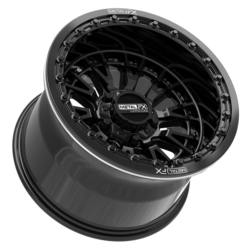 Lower alternate view of the premium Metal FX Slayer R Beadlock 15x10 UTV and SXS wheel in gloss black finish with 0-offset (5+5) and 5x4.5 bolt pattern for select Polaris, Segway, and Kawasaki H2 models, offered with fast and free shipping, Item # 98670.