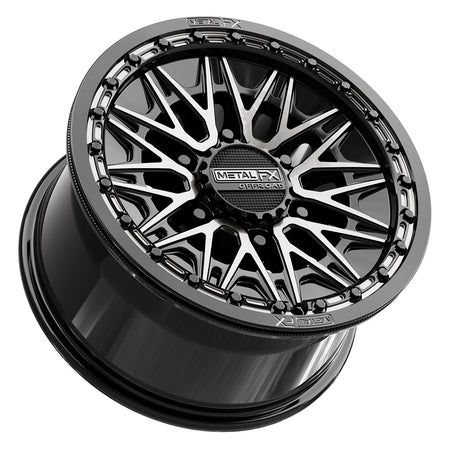 Lower angled view of the Metal FX Offroad Alpha 6R Beadlock 15x8 UTV and SXS wheel for a CanAm Maverick R with 6x5.5 lug pattern, with DDT finish and +25mm offset, offered with fast and free shipping, Part # 78781.