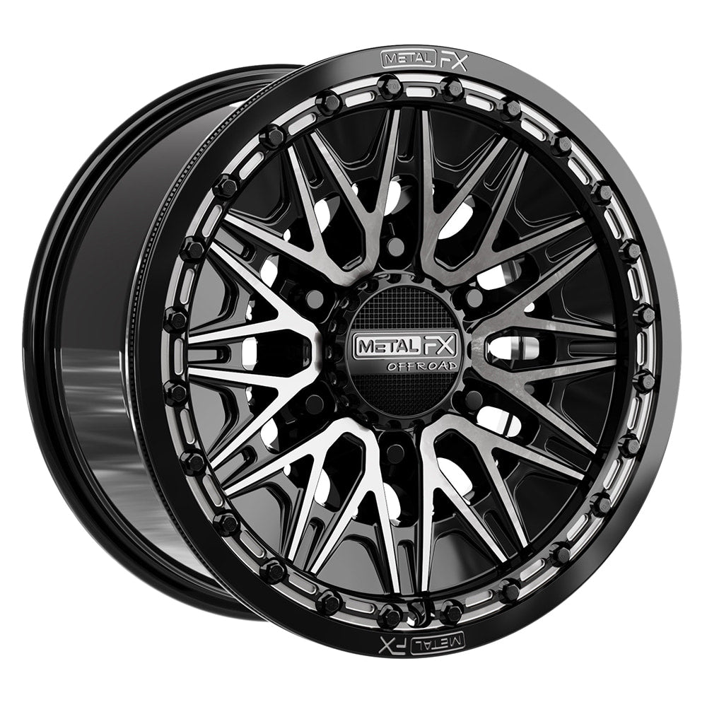 Angled view of the Metal FX Offroad Alpha 6R 15" Beadlock UTV and SXS wheel for a CanAm Maverick R with 6-lug wheels, in 15x8 size with DDT finish and +25mm offset, offered with fast and free shipping, Part # 78781.