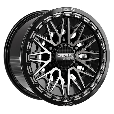 Angled view of the Metal FX Offroad Alpha 6R 15" Beadlock UTV and SXS wheel for a CanAm Maverick R with 6-lug wheels, in 15x8 size with DDT finish and +25mm offset, offered with fast and free shipping, Part # 78781.