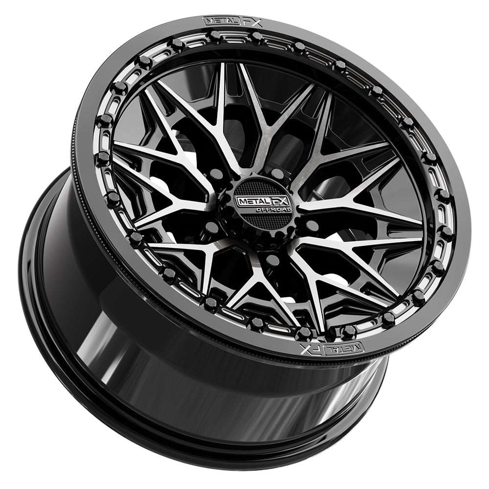 Lower alternate view of the premium Metal FX Alpha R Beadlock 15x8 UTV and SXS wheel in gloss black ddt finish with 0-offset and 5x4.5 bolt pattern for select Polaris, Segway, and Kawasaki H2 models, offered with fast and free shipping, Item # 78761.