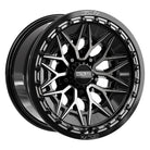 Angled view of the premium Metal FX Alpha R Beadlock 15x8 UTV and SXS wheel in gloss black ddt finish with 0-offset and 5x4.5 bolt pattern for select Polaris, Segway, and Kawasaki H2 models, offered with fast and free shipping, Item # 78761.