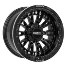 Angled view of the premium Metal FX Slayer R Beadlock 15x8 UTV and SXS wheel in gloss black finish with 0-offset 4+4 and 5x4.5 bolt pattern for select Polaris, Segway, and Kawasaki H2 models, offered with fast and free shipping, Item # 98660.