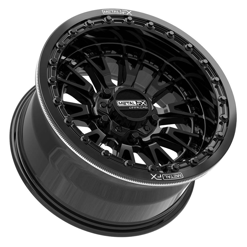 Lower alternate view of the premium Metal FX Slayer R Beadlock 15x8 UTV and SXS wheel in gloss black finish with 0-offset (4+4) and 5x4.5 bolt pattern for select Polaris, Segway, and Kawasaki H2 models, offered with fast and free shipping, Item # 98660.