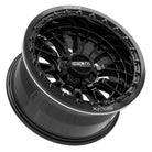 Lower alternate view of the premium Metal FX Slayer R Beadlock 15x8 UTV and SXS wheel in gloss black finish with 0-offset (4+4) and 5x4.5 bolt pattern for select Polaris, Segway, and Kawasaki H2 models, offered with fast and free shipping, Item # 98660.