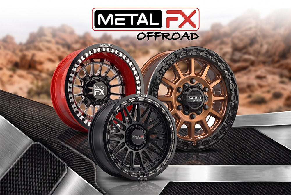 Brand image main photo for Metal FX Motorsports showing their official logo and three signature UTV wheel models sold by authorized dealer Ride or Die Tire.