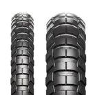 Close up detailed tread pattern view of both the front and rear Metzeler Karoo 4 ADV and Moto tires, featuring the patented multi-pitch knob lug design, transversal layout, and Dymatec Mould Angle Technology for optimized tread wear resistance.