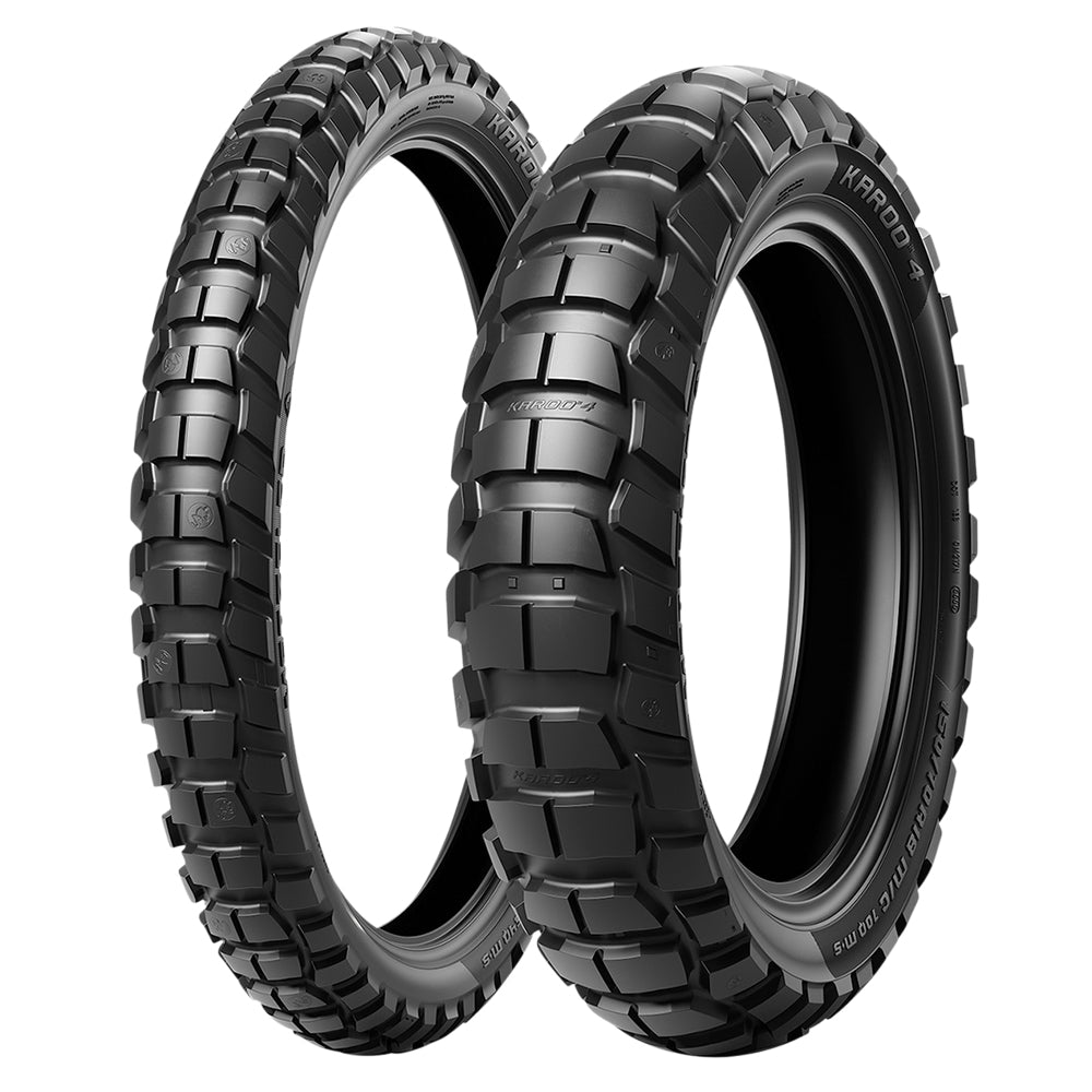 Main product image view of the Metzeler Karoo 4 dual sport and adventure bike motorcycle front and rear tires, featuring radial construction on most sizes, and offered for sale by authorized dealer Ride or Die Tire.