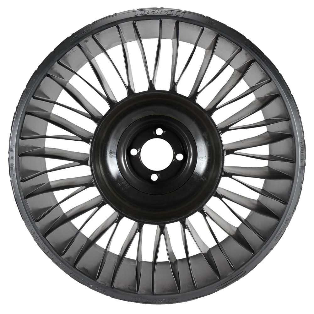 Full sidewall view of the #50357 Michelin X®Tweel in 24x12n12 size, 4x4 bolt pattern, designed for a large variety of zero turn ZTR mowers, garden tractors, and small UTVs, featuring poly-spoked design for improved hill handling and lateral stability.