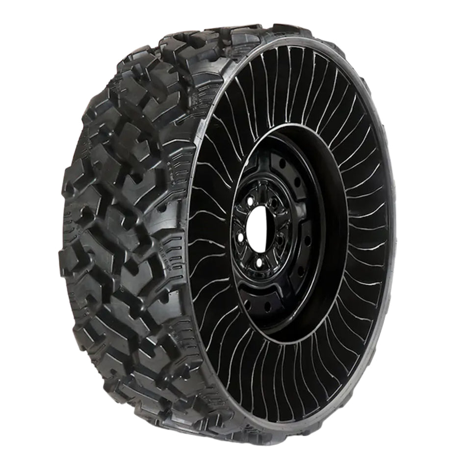 Angled view of the Michelin X®Tweel 26x9N14 front airless tire designed for UTV, RTV, ZTR, and SXS applications, featuring a 62 mph speed rating and 5x4.5 inch bolt pattern, 4+3 offset, sold by Ride or Die Tire, part # 49265.