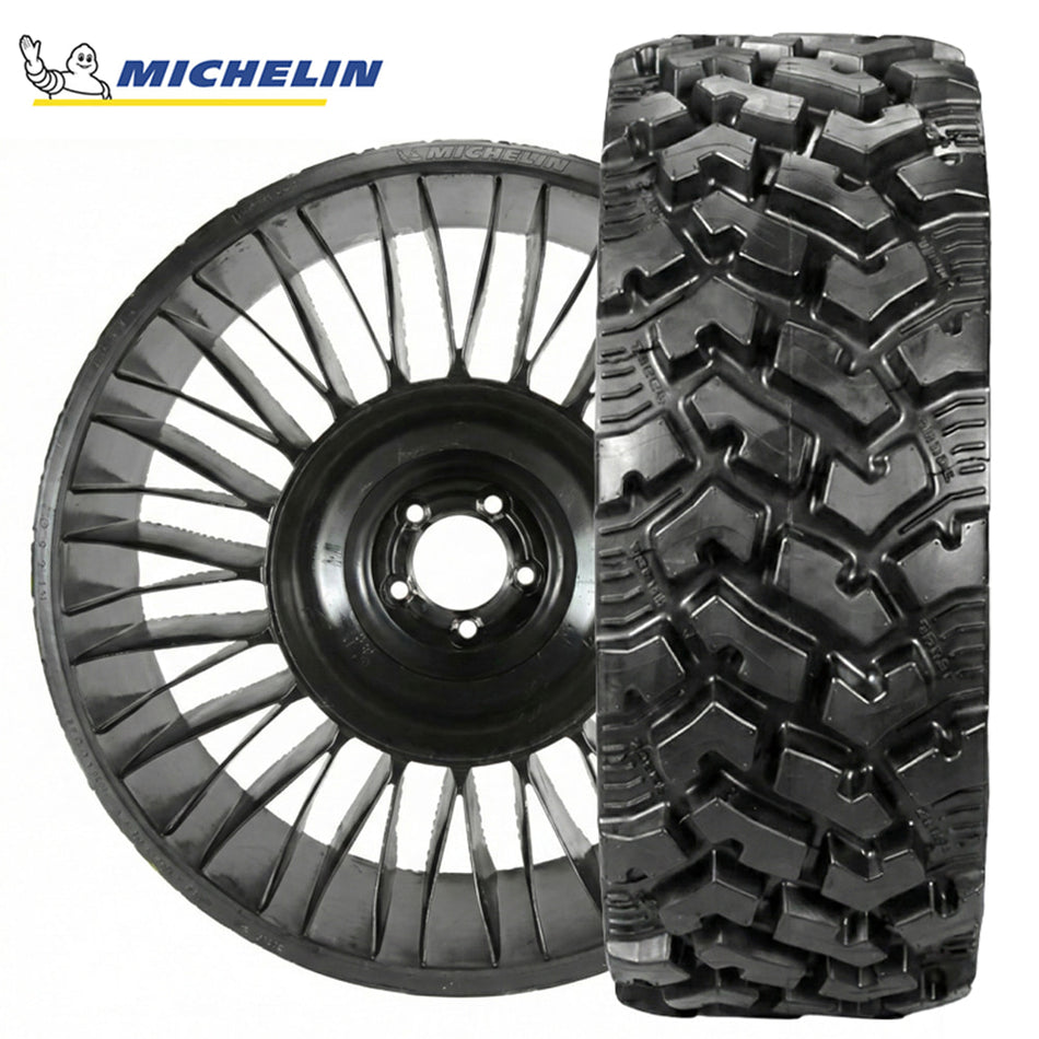 High performance Michelin X®Tweel 26" tall front airless tire designed for UTV and SXS applications, featuring a 62 mph speed rating and 5x4.5 inch bolt pattern, 26x9n14, offered with free shipping, buy individually or as a pair, part # 49265.