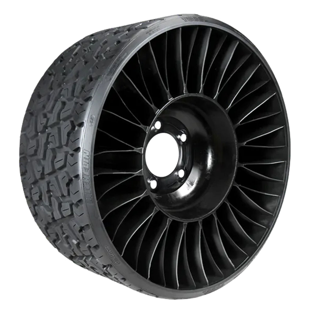 Angled view of the 26" tall Michelin Tweel assembly designed for ztr mowers and small garden tractors that use the 5x4.5 bolt pattern, featuring a heavy duty design with a 1,031 pound load rating, and a high traction lawn and turf tread pattern.