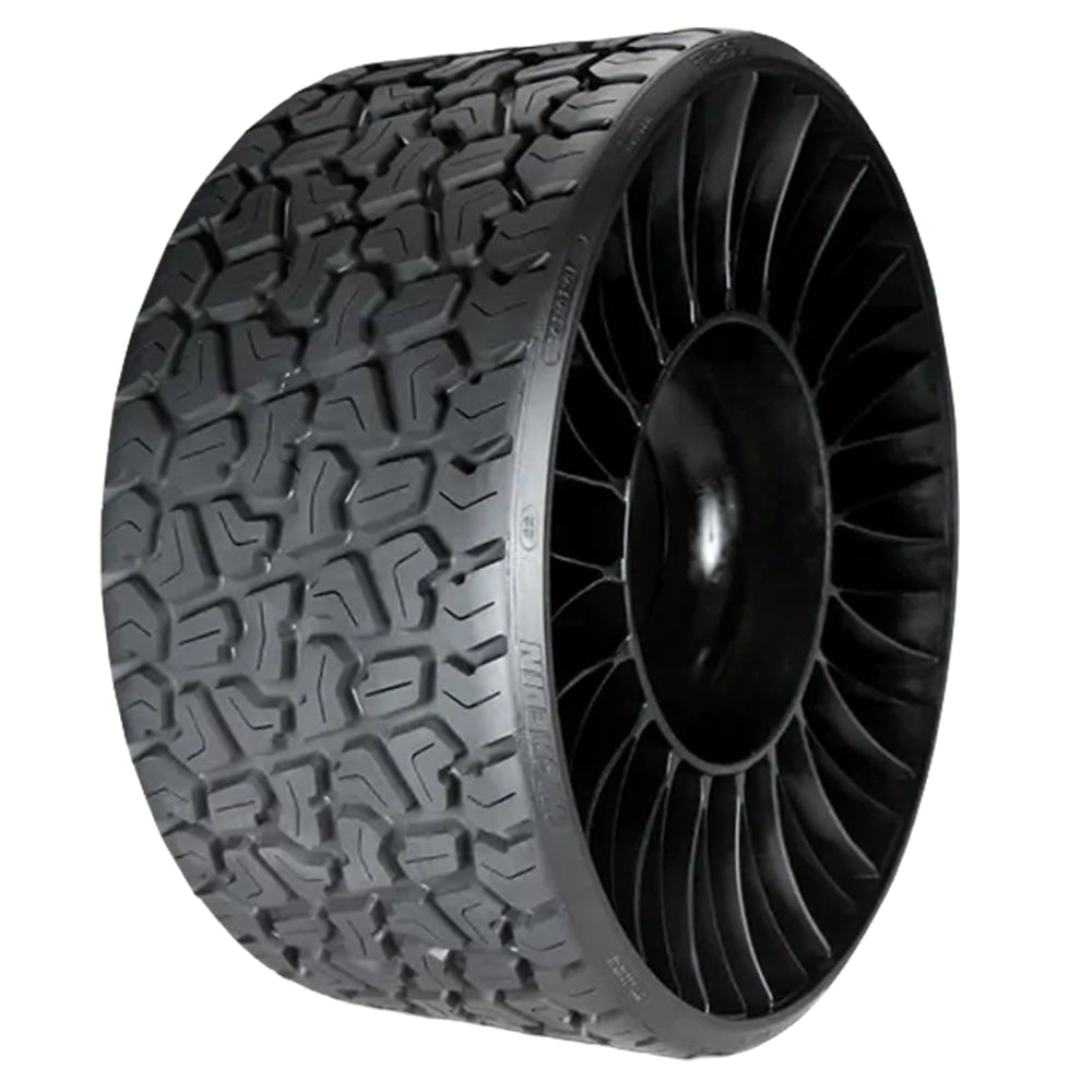 Angled view of the turf / all-terrain mower Tweel in 26" tall size for 5/4.5 bolt pattern, featuring extended service life and no flats, Part # 25913, Made in the USA.