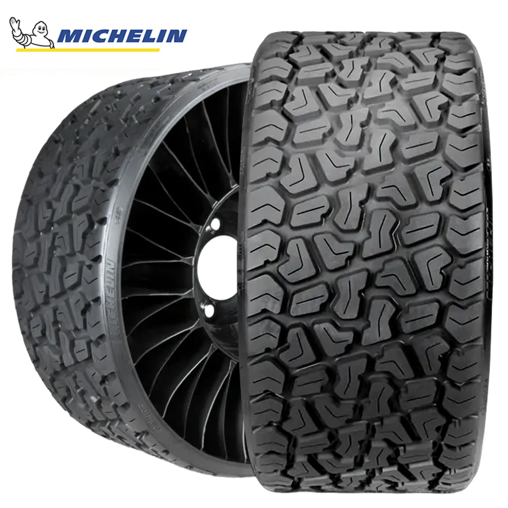 Main product listing photo of the lawn and turf zero turn Michelin XTweel airless 26x12N12 tire and wheels assembly with a 5x4.5 bolt pattern, designed to be used on select ZTR mowers, sold with free shipping from Ride or Die Tire.