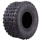 Angled view of the Moose Racing Rattler ATV rear tire, featuring a high-traction soft rubber compound construction and directional tread pattern, excelling in intermediate and hardpack competition, offered with fast and free shipping.