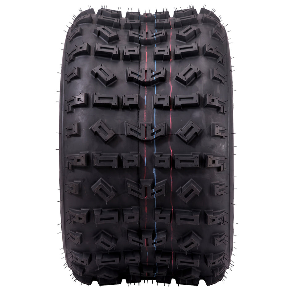 Full tread pattern view of the Moose Rattler rear ATV and Quad tire, showcasing the high traction directional lug design that excels in hard pack and intermediate with a soft compound rubber composition.