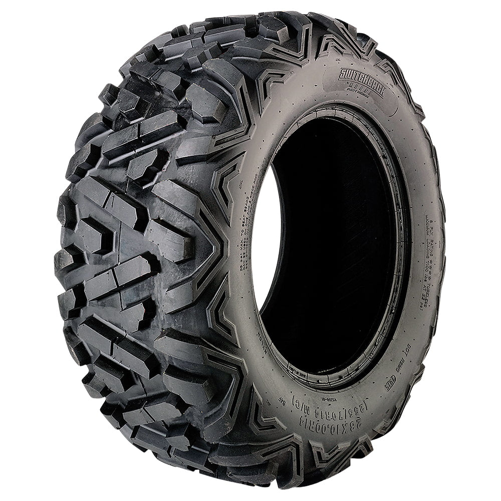 Angled high quality view of the Moose Switchback all-terrain UTV and ATV tire, available in huge variety of sizes with bias and radial construction, as well as 4-ply, 6-ply, and 8-ply options, all for sale with fast and free shipping.