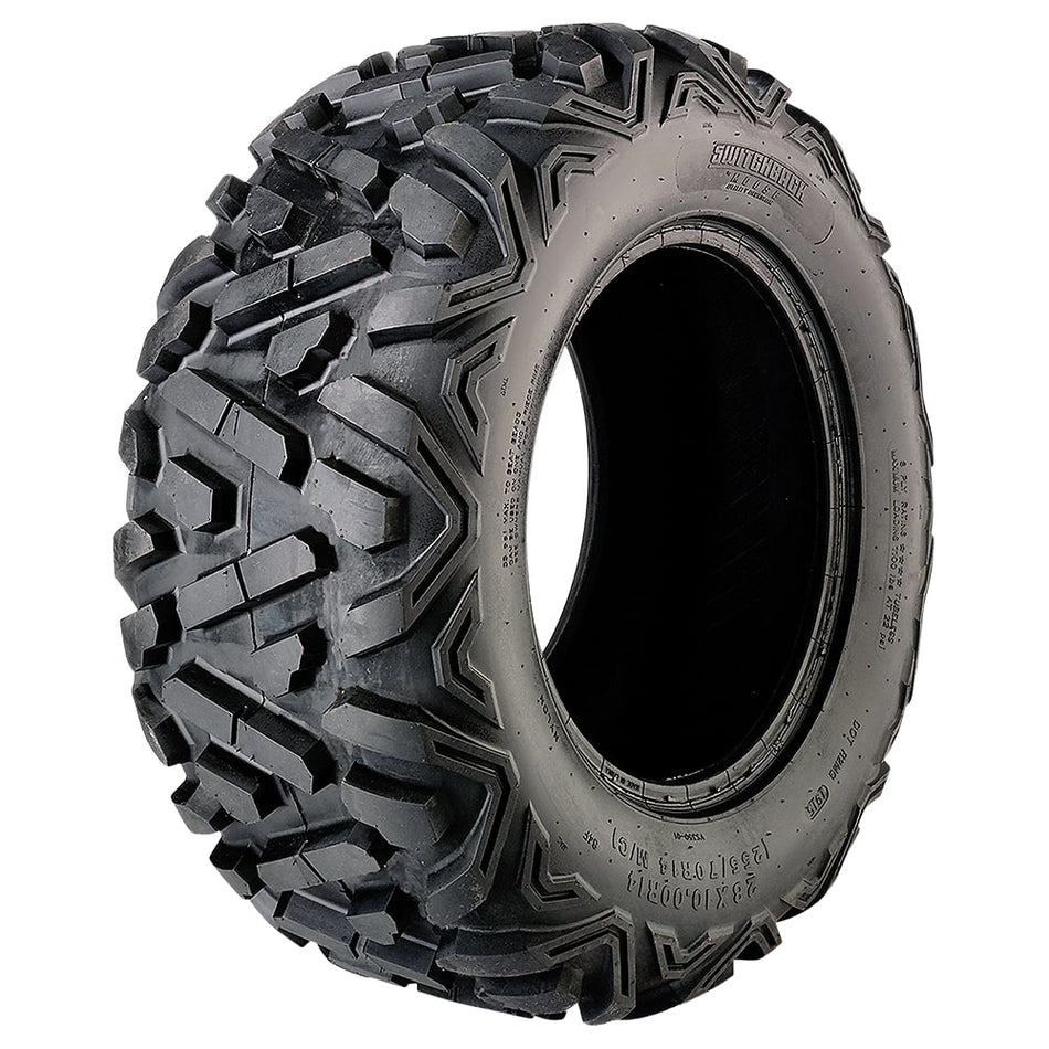 Angled high quality view of the Moose Switchback all-terrain UTV and ATV tire, available in huge variety of sizes with bias and radial construction, as well as 4-ply, 6-ply, and 8-ply options, all for sale with fast and free shipping.