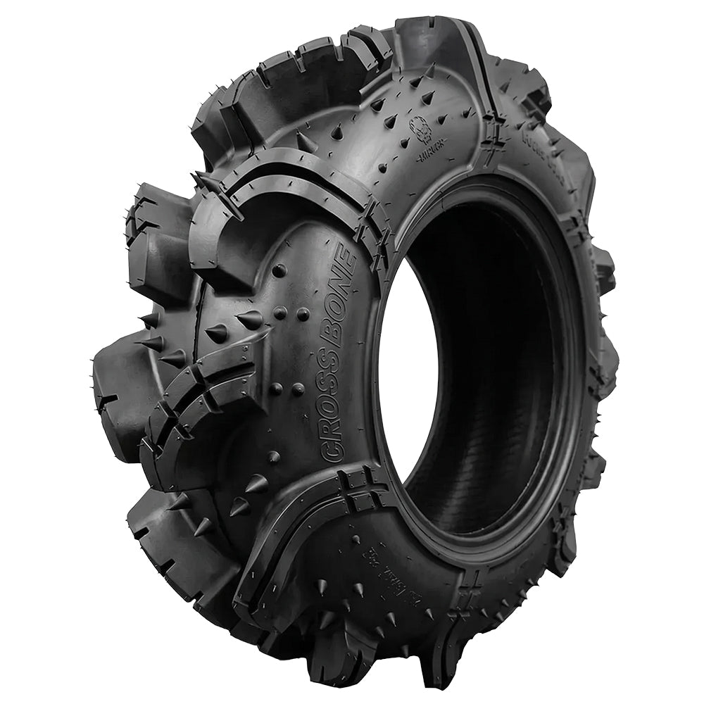 Angled view of the extra deep 2.5" lug MRT Crossbone UTV SXS radial mud tire, featuring huge mud scoops and spiked casing for excellent mud cleanout, available in 35.5x9R18 size, available with fast and free shipping, Part # CB35918.
