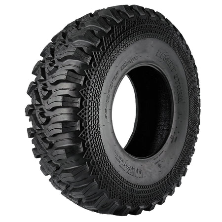 Angled view of the MRT Desert Storm high performance 8-ply Kevlar radial UTV and SXS all-terrain tire, available in popular sizes for 15" wheels featuring a high traction and durable non-directional tread pattern, all sizes sold with fast and free shipping.