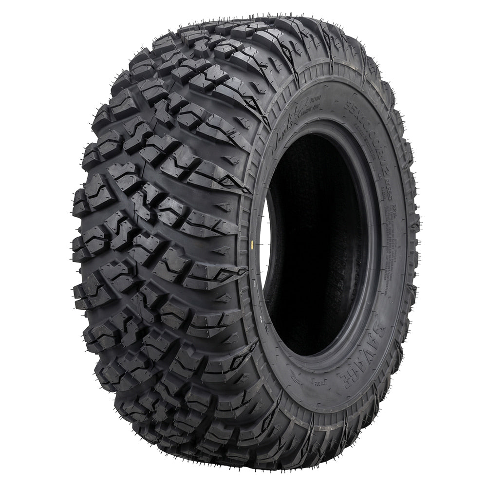 Angled view of the 25x10R12 MRT Savage UTV and ATV all-terrain 6-ply radial rear tire, designed as a great less aggressive option for some road and hard surface riding, offered with fast and free shipping.