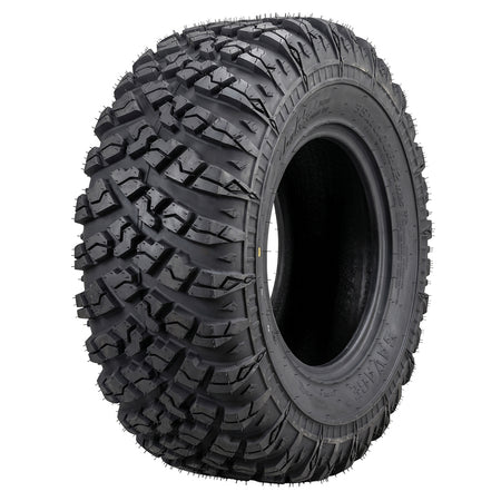 Angled view of the 25x10R12 MRT Savage UTV and ATV all-terrain 6-ply radial rear tire, designed as a great less aggressive option for some road and hard surface riding, offered with fast and free shipping.