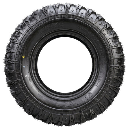 Full sidewall view of the MRT Savage 25x10R12 All-Terrain UTV and ATV tire, featuring smooth riding radial construction and strong shoulder tread block design.