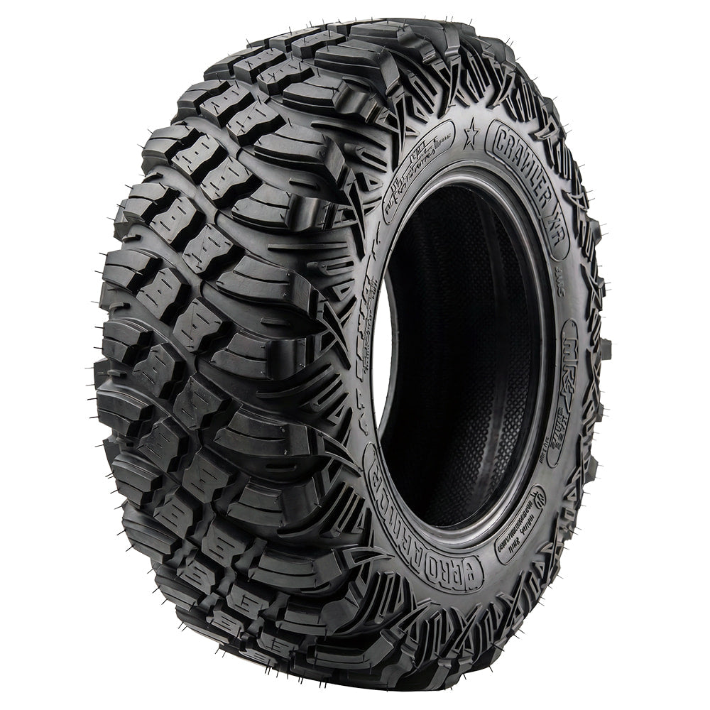 Angled view of the high performance competition lightweight super strong MRT Race / Crawler XR UTV 8-ply Kevlar reinforced radial tire, all sizes available with free shipping from authorized dealer Ride or Die Tire.
