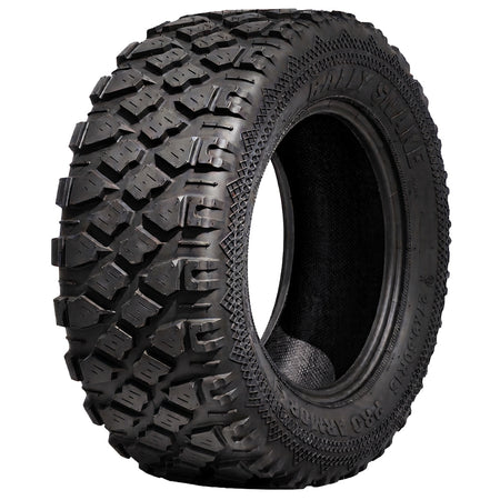 Angled view of the MRT Rally Snake 8-ply radial high performance UTV and SXS tire in 27x9.5R15 size, available in both standard and sticky compound, and offered with fast and free shipping.