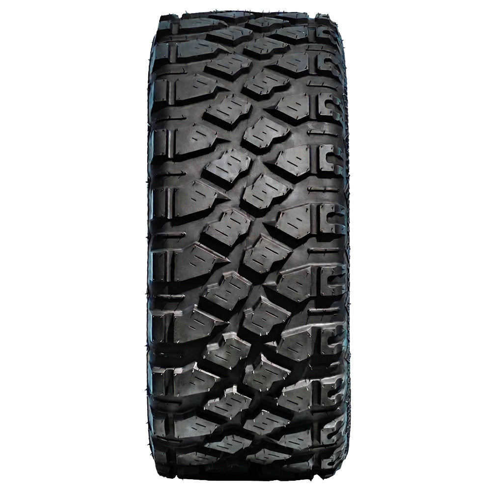 Full tread pattern view of the MRT Rally Snake 8-ply radial high performance UTV and SXS tire in 27x9.5R15 size, available in both standard and sticky compound, featuring dual-durometer rubber compounds and rugged construction, sold by authorized MRT dealer Ride or Die Tire.