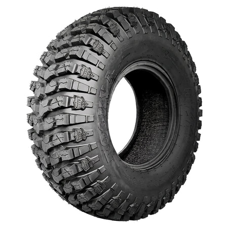 Angled view of the high performance competition UTV 8-Ply Radial tire, the MRT Rocky RX Nycore-reinforced race and rock crawling tires for 15" rims, featuring two medium and sticky high traction dual rubber compounds, and all offered with free shipping by official Moto Race Tire dealer Ride or Die Tire.