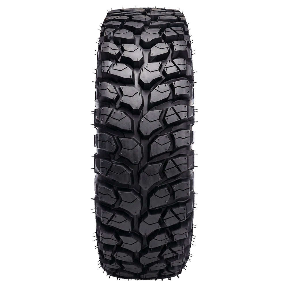 Full tread pattern view of the high performance Nycore reinforced MRT Rocky RX radial UTV and SXS tire, featuring a high traction, durable directional all-terrain tread pattern for elite traction on trails, rocks, and ruts.