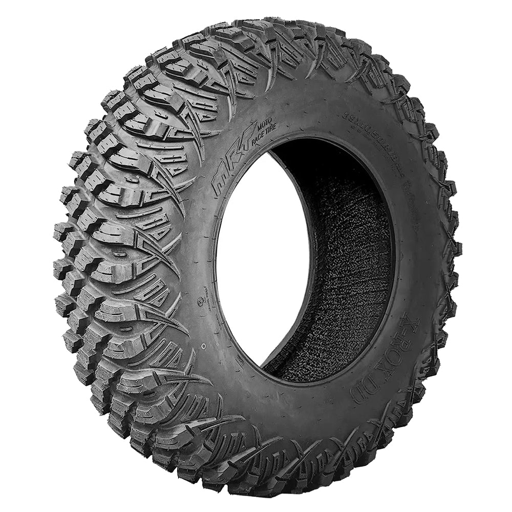 Angled view of the 39x10.50R18 MRT X-Rox DD heavy duty dual durometer race and competition UTV and SXS tire, offering enhanced shoulder traction with stepped lug design and high traction rubber compound and super sticky specialized competition compound.