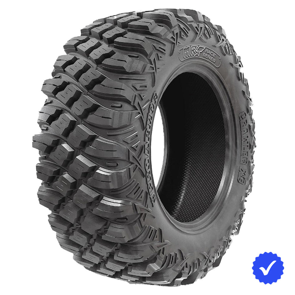 Angled view of the high performance competition UTV 8-Ply Radial tire, the MRT X-Rox DD kevlar reinforced race tires for 14", 15", and 18" rims, featuring high traction dual rubber compound, and all offered with free shipping by official Moto Race Tire dealer Ride or Die Tire.