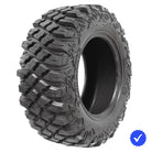 Angled view of the high performance competition UTV 8-Ply Radial tire, the MRT X-Rox DD kevlar reinforced race tires for 14", 15", and 18" rims, featuring high traction dual rubber compound, and all offered with free shipping by official Moto Race Tire dealer Ride or Die Tire.