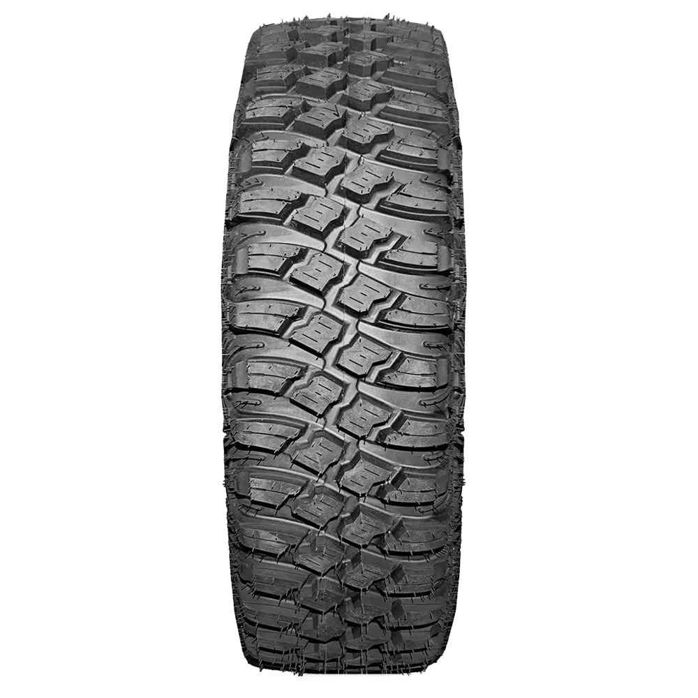 Tread pattern and lug design view of the MRT Xrox DD all-terrain high performance desert and rock UTV and SXS tire, engineered with a non-directional tread pattern and extra strong, Kevlar reinforced shoulder and sidewall belts.