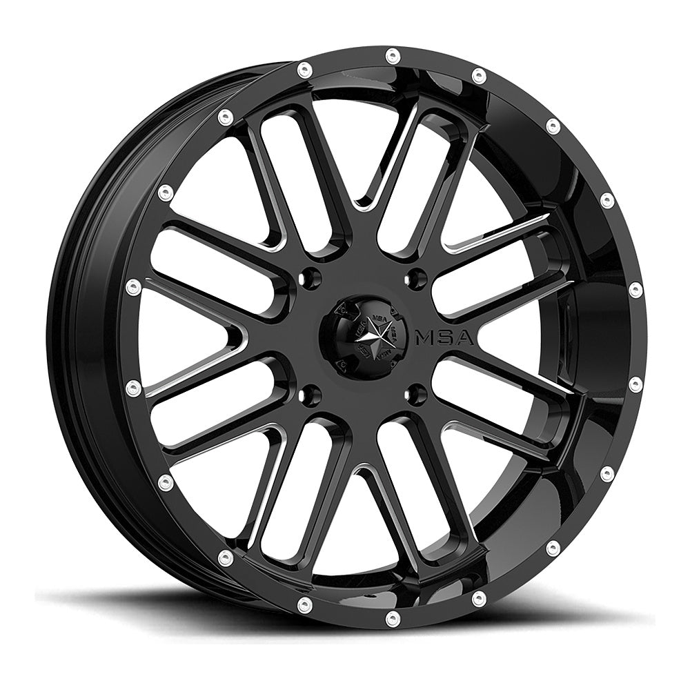 MSA Bandit M35 UTV wheel in gloss black milled, angled front view