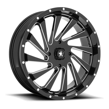 MSA Blade (M46) UTV wheel in gloss black milled, angled front view