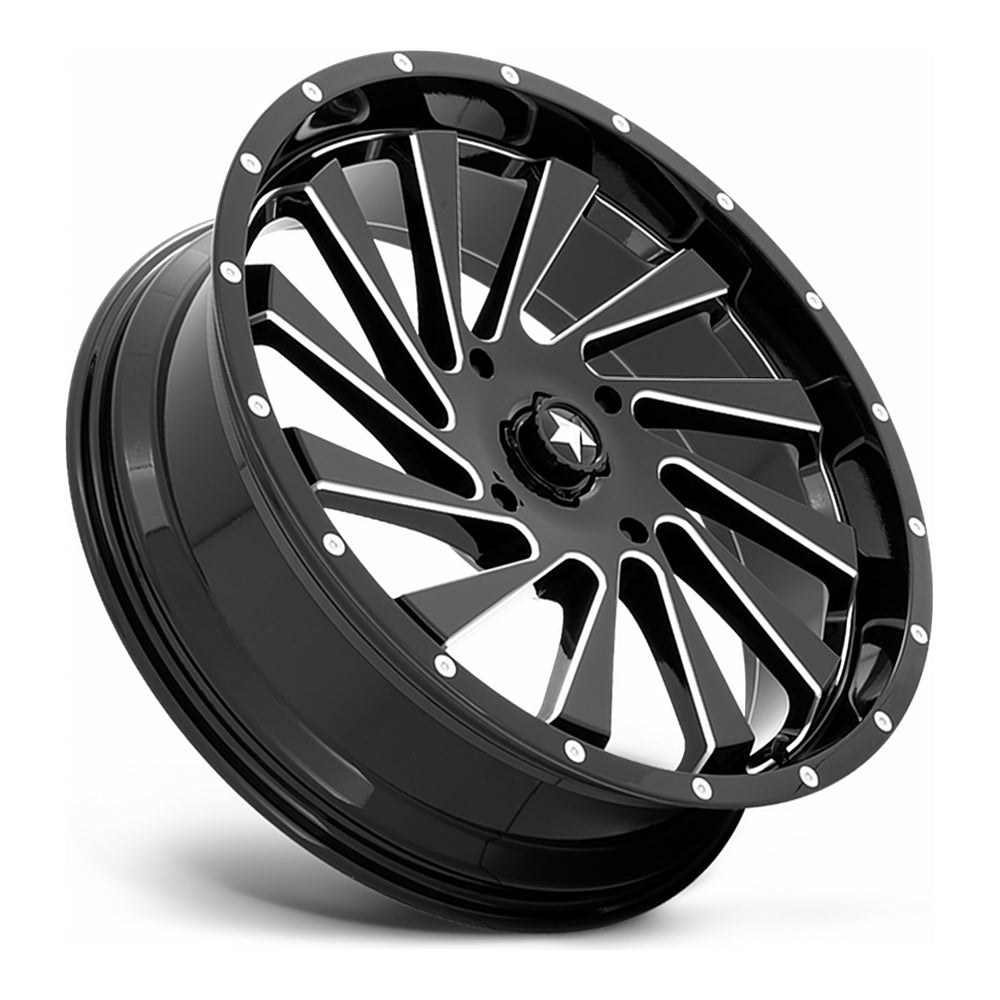 MSA Blade (M46) UTV wheel in gloss black milled, side angle showing the barrel and lip