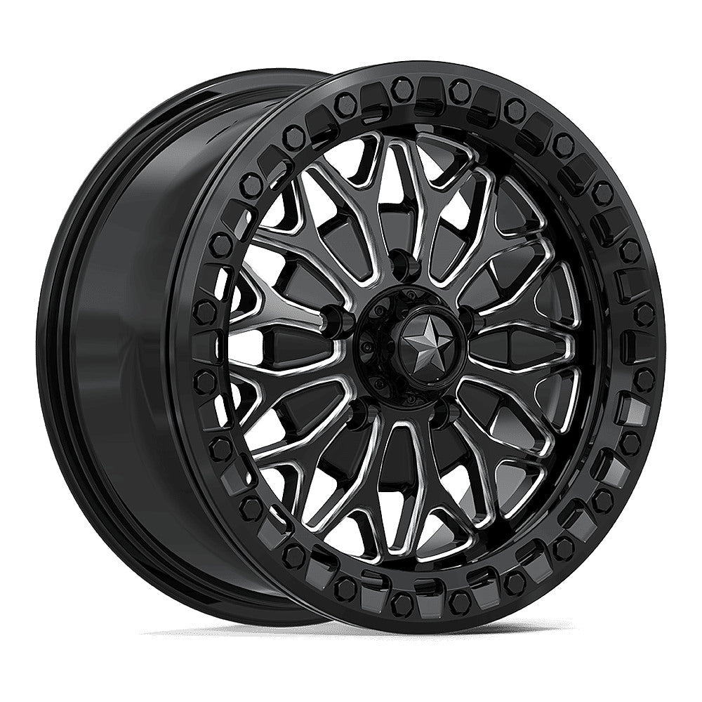 MSA Bolo Beadlock MA53 UTV wheel in gloss black milled, angled front view