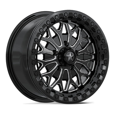 MSA Bolo Beadlock MA53 UTV wheel in gloss black milled, angled front view