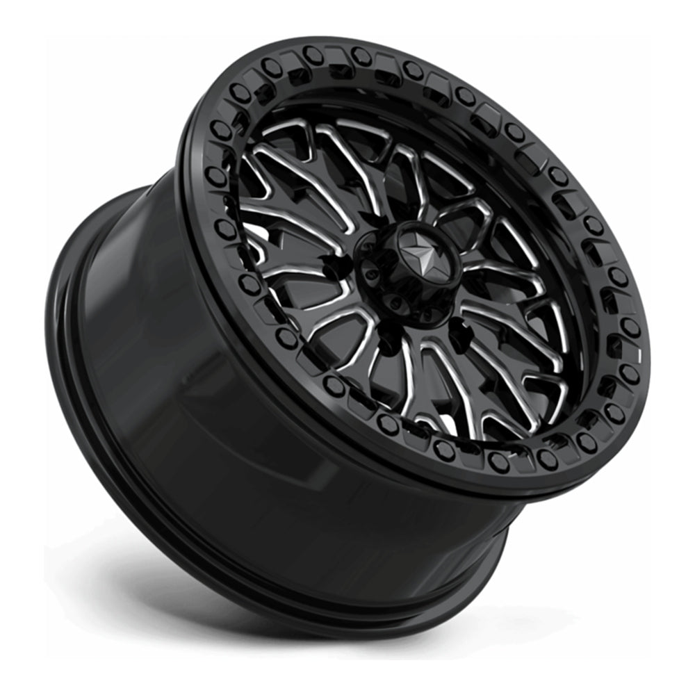 MSA Bolo Beadlock (MA53) UTV wheel in gloss black milled, side angle showing the barrel and lip