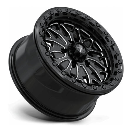 MSA Bolo Beadlock MA53 UTV wheel in gloss black milled, side angle showing the barrel and lip