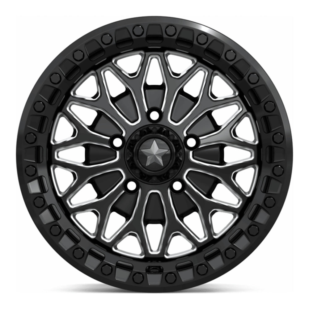 MSA Bolo Beadlock MA53 UTV wheel in gloss black milled, straight-on face view