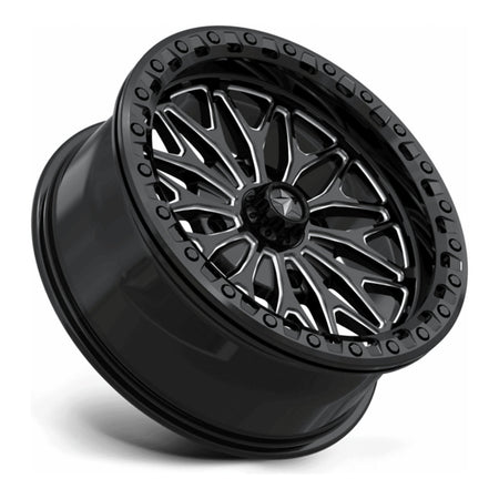 MSA Bolo Beadlock MA53 UTV wheel in gloss black milled, side angle showing the barrel and lip