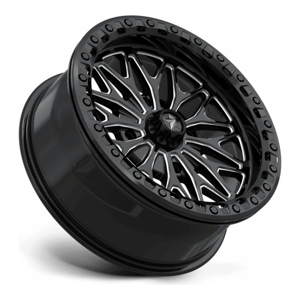 MSA Bolo Beadlock (MA53) UTV wheel in gloss black milled, side angle showing the barrel and lip