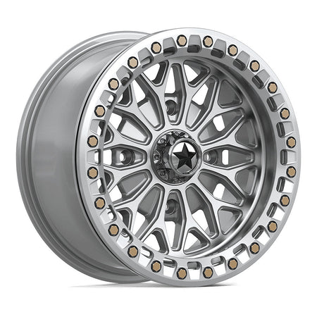 MSA Bolo Beadlock (MA53) UTV wheel in gloss silver with machined face, angled front view